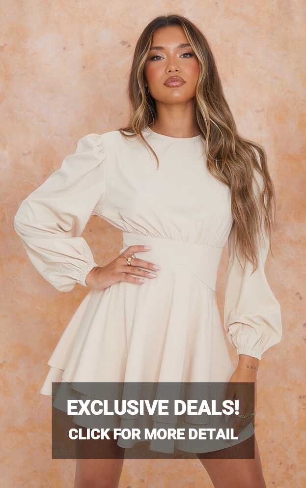 Stone Binding Waist Puff Long Sleeve Shift Dress ...