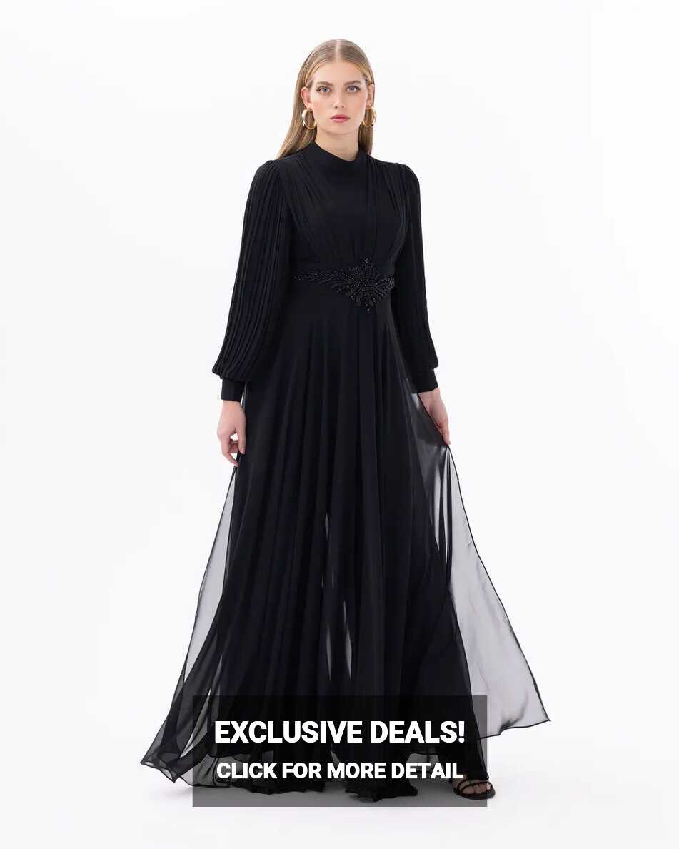 Stone Detailed Long Sleeve Dress - SecilStore