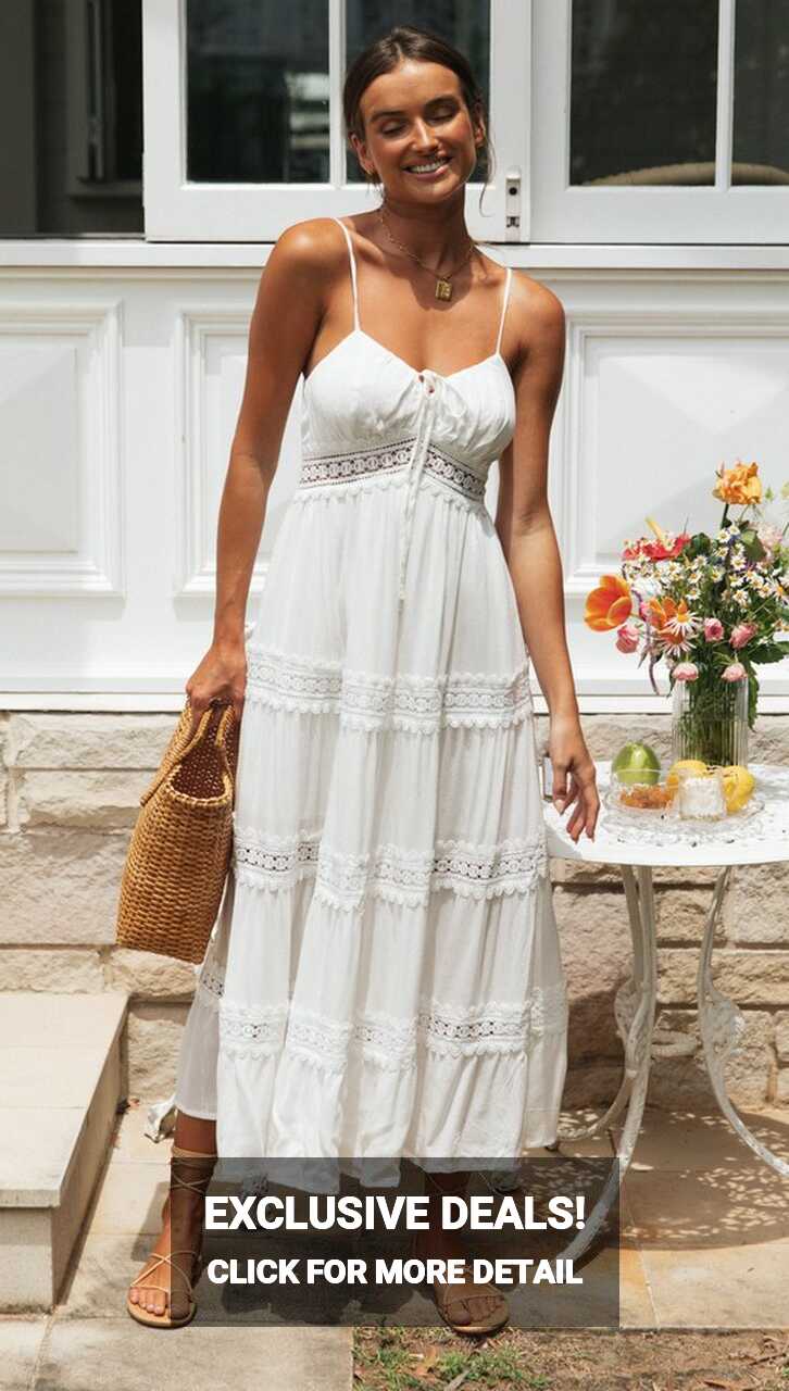 Strap Lace Stitching Large Swing Bohemian White Beach Dress ...