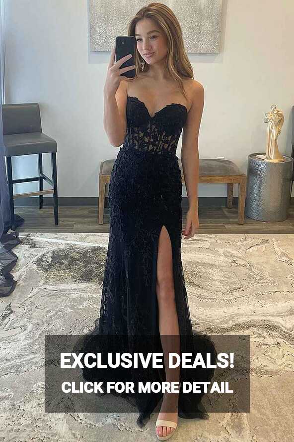 Strapless Black Corset Lace Long Prom Dress with Slit – FancyVestido