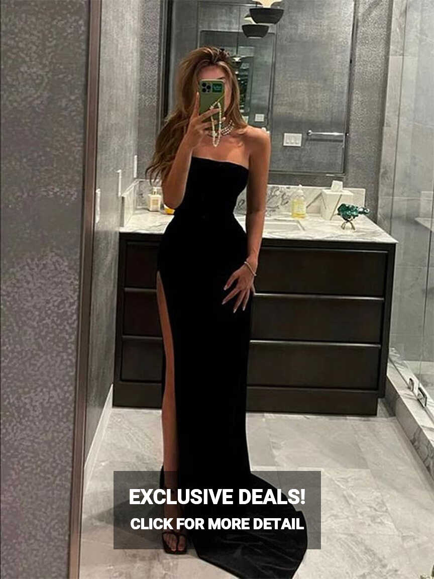 Strapless Black Prom Dress Evening Dress with High Side Slit ...