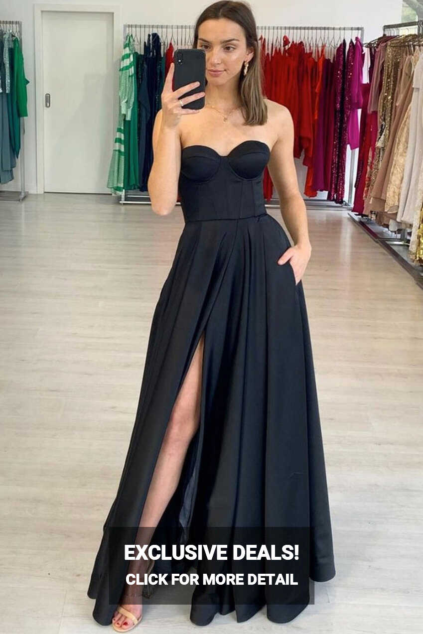 Strapless Black Satin Long Prom Dress with Side Slit, Long Black ...