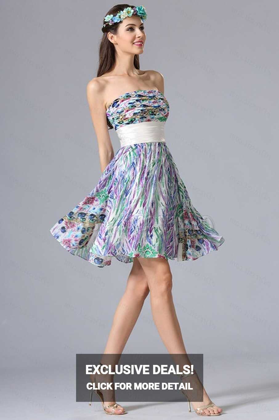 Strapless Knee Length Summer Printed Dress Floral Dress ...