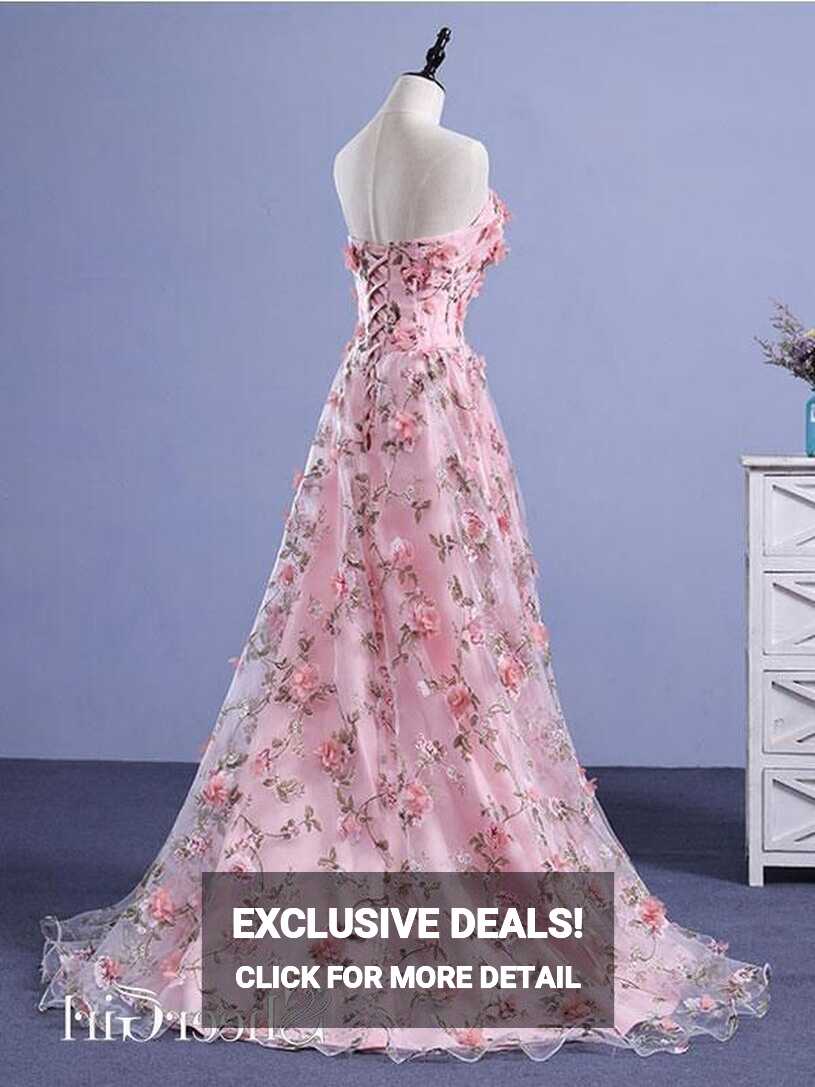 Strapless Pink Floral Prom Dresses Flower Applique Formal Dress ...