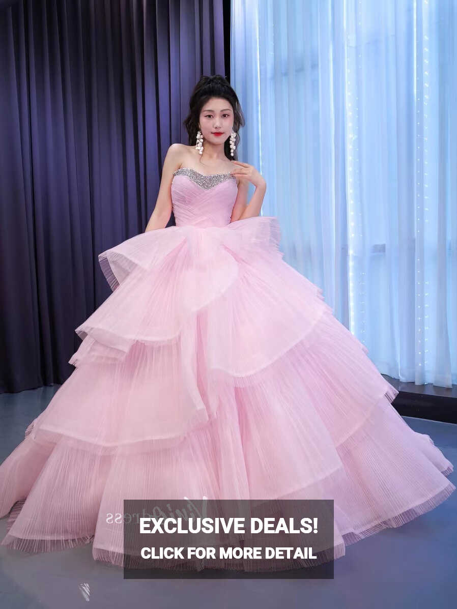 Strapless Pink Prom Ball Gown Layered Princess Quince Dress 67446 ...