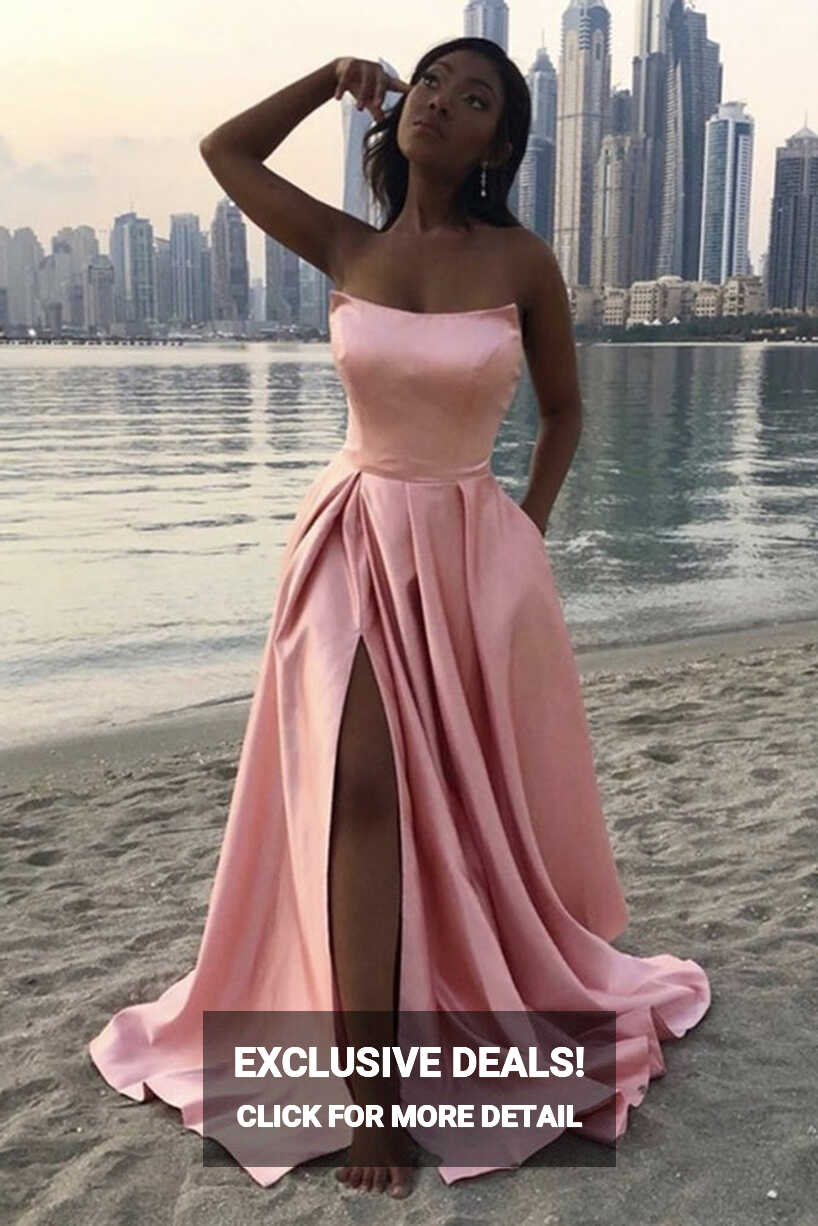 Strapless Pink Satin Long Prom Dress with High Slit, Simple Pink ...