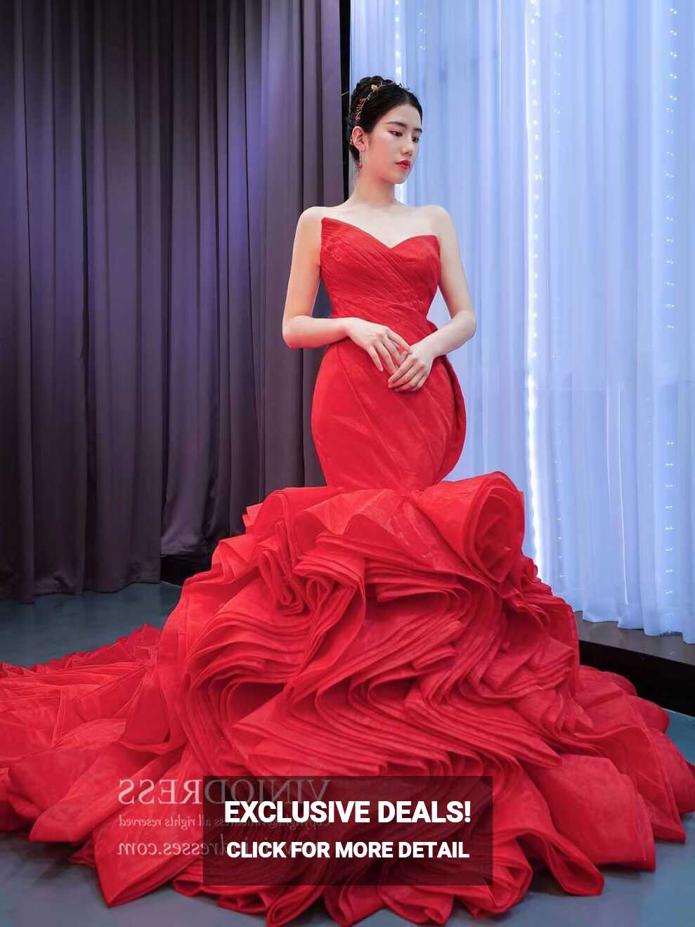 Strapless Red Mermaid Wedding Dresses Ruffled Rosette Pageant Gown ...