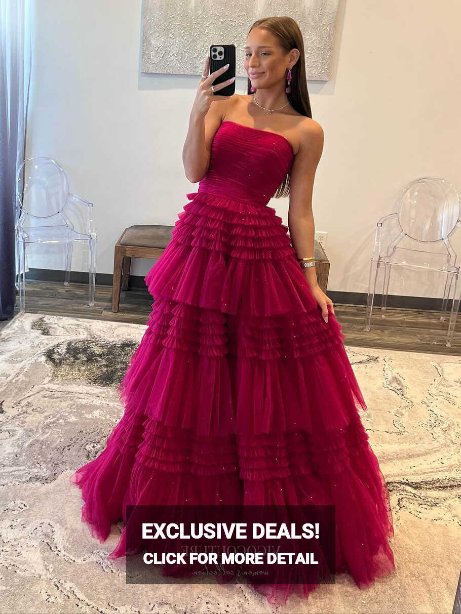 Strapless Ruffled Prom Dresses with Slit Sparkly Tulle Formal Gown ...