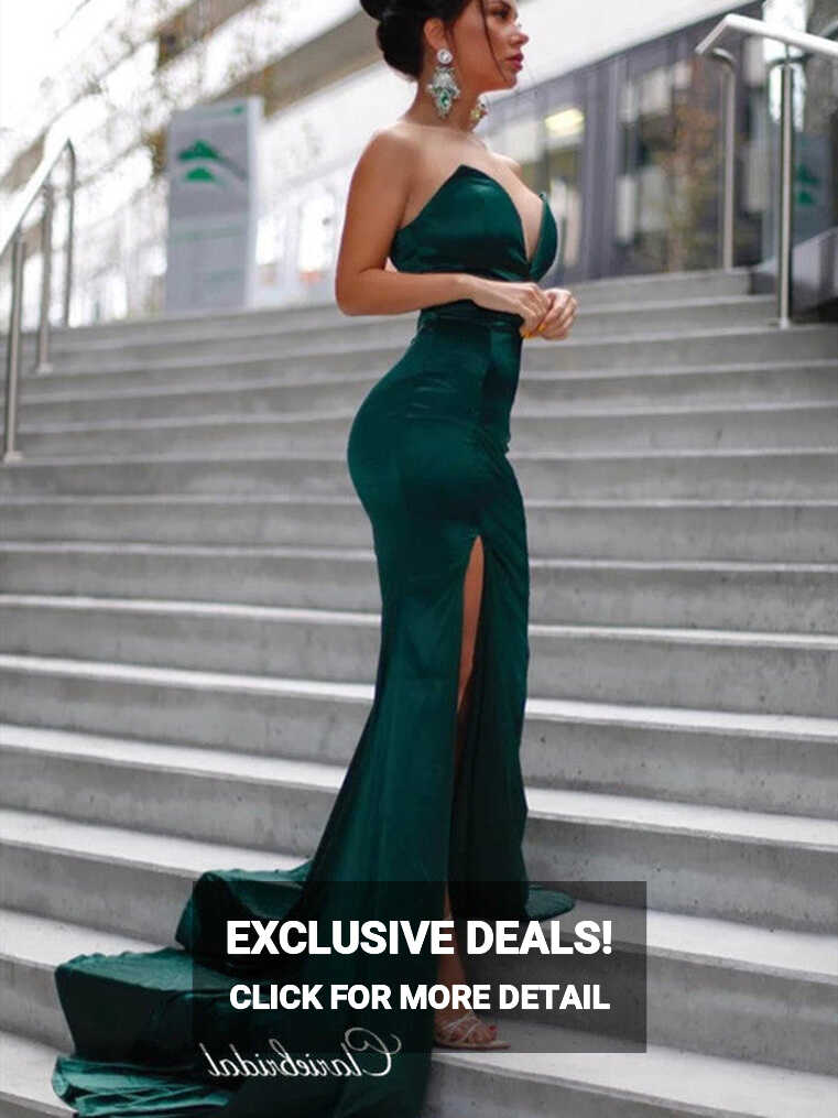 Strapless Sexy V-neck Prom Dresses, High Slit Mermaid Long Prom ...