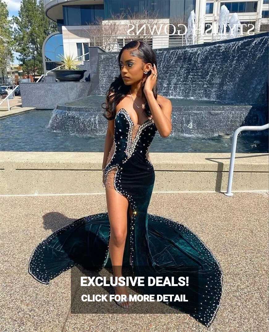 Strapless Velvet Long Prom Dress For Black Girls 2023 Beaded ...