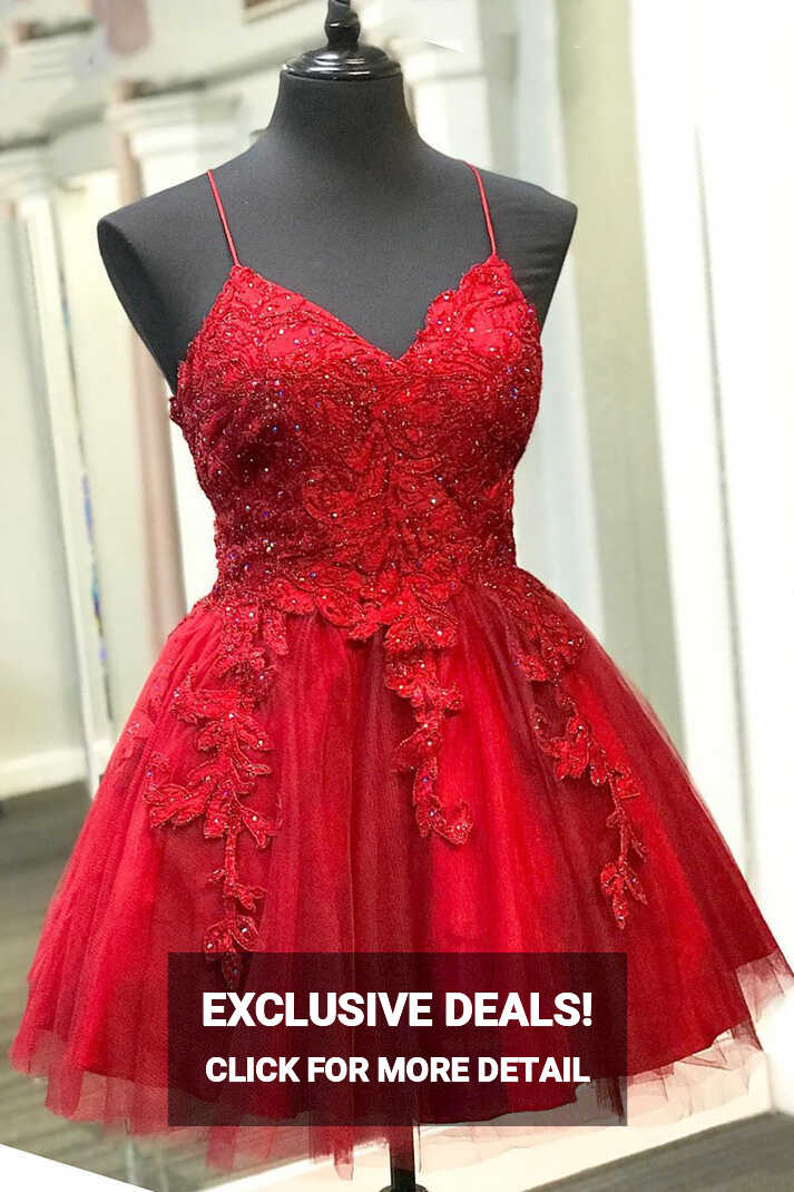 Strappy Lace Appliqued Red Short Homecoming Dress – FancyVestido