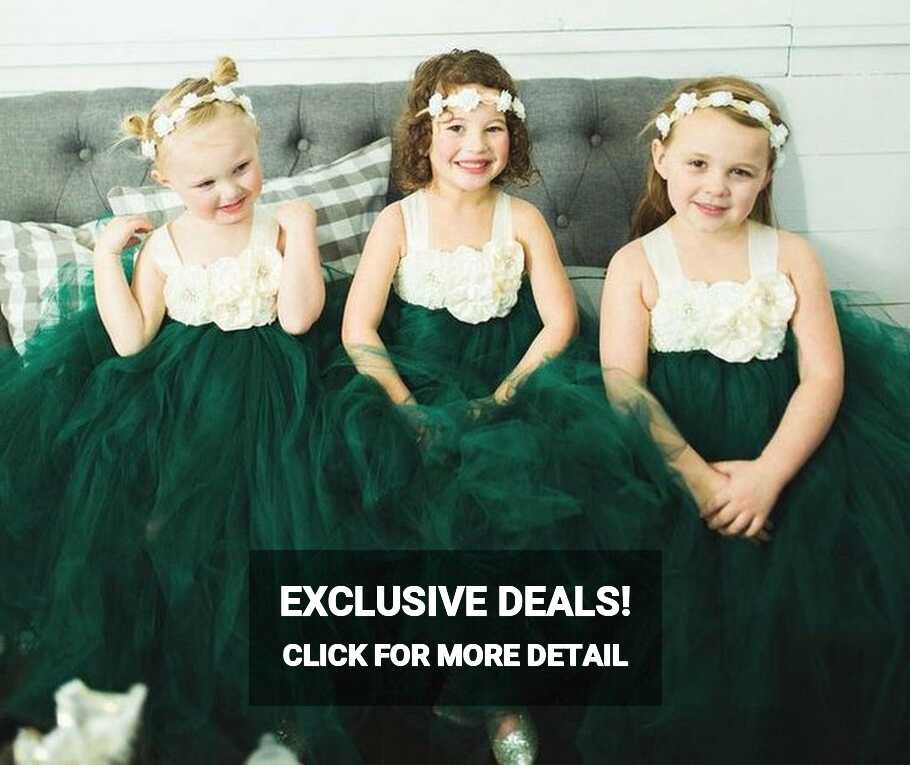 Straps Green Flower Girl Dresses Tulle with handmade Flowers