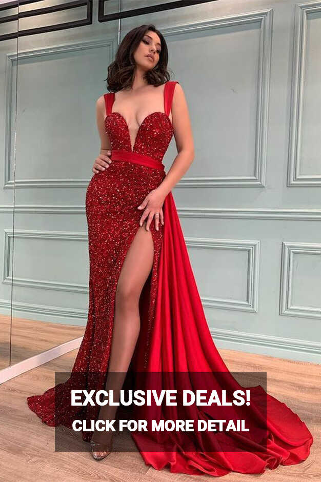 Straps Red Sequin Mermaid Prom Dresses, 2 Pieces Prom Dresses ...