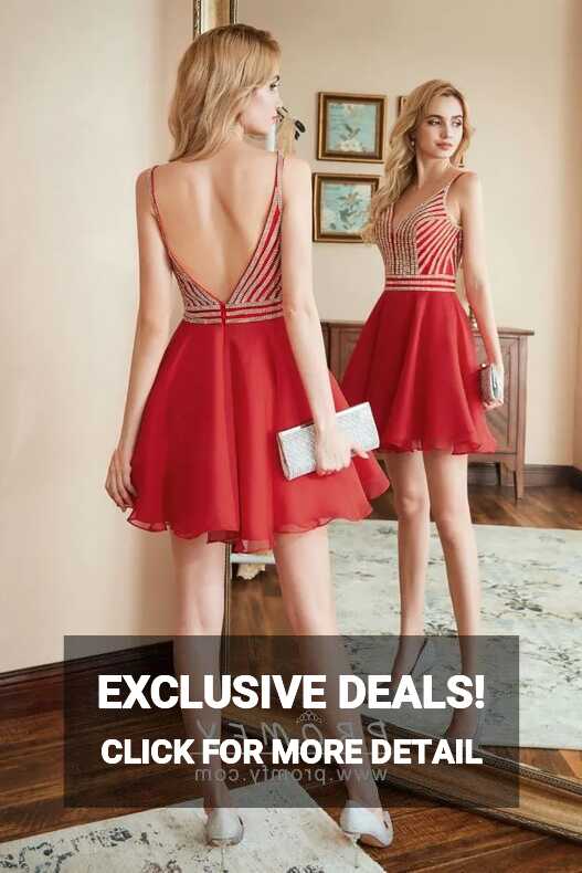 Striped Beaded Red Chiffon Short Cocktail Dress - Promfy