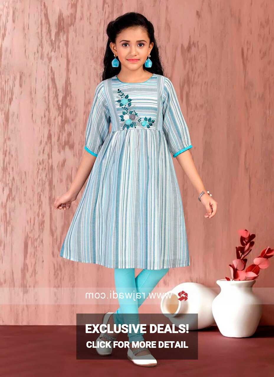 Striped Cotton A-line Girls Kurti Set