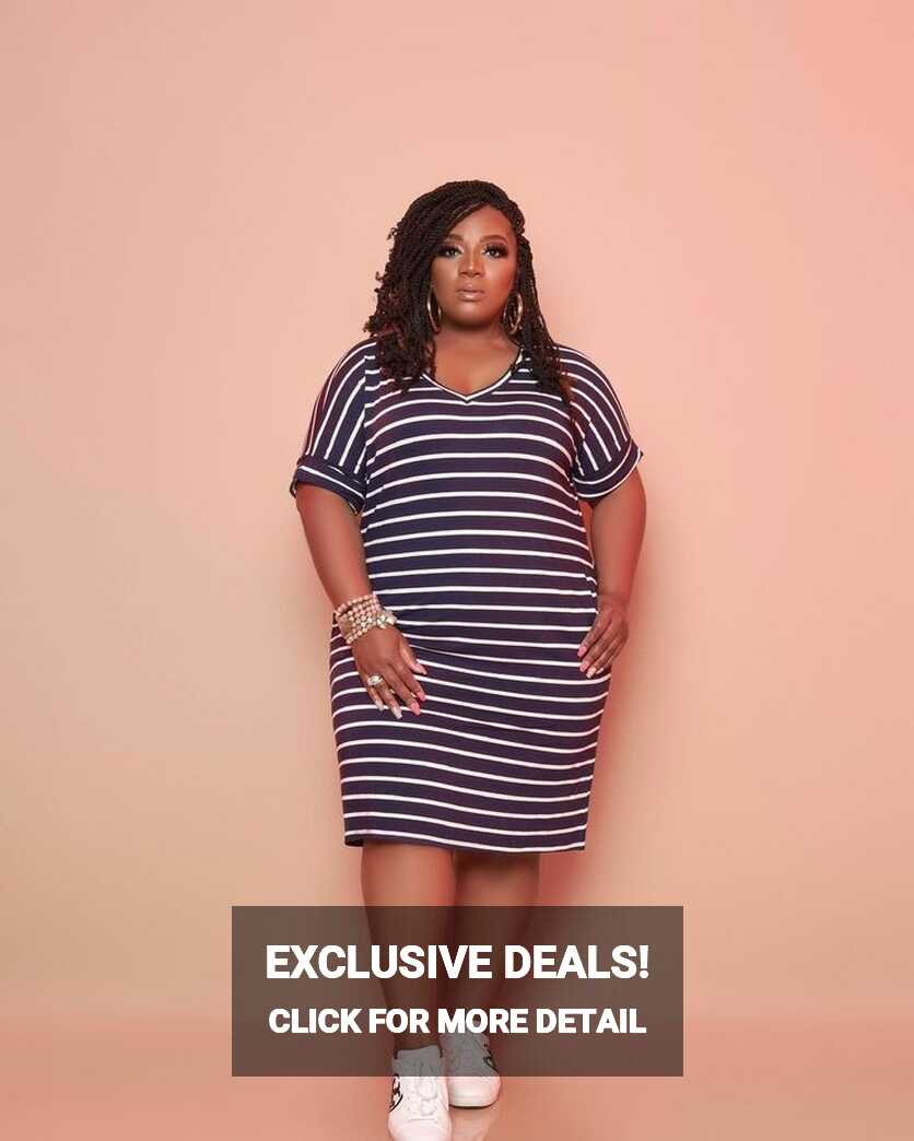 Striped Short Sleeve V Neck Loose Plus Size Dresses