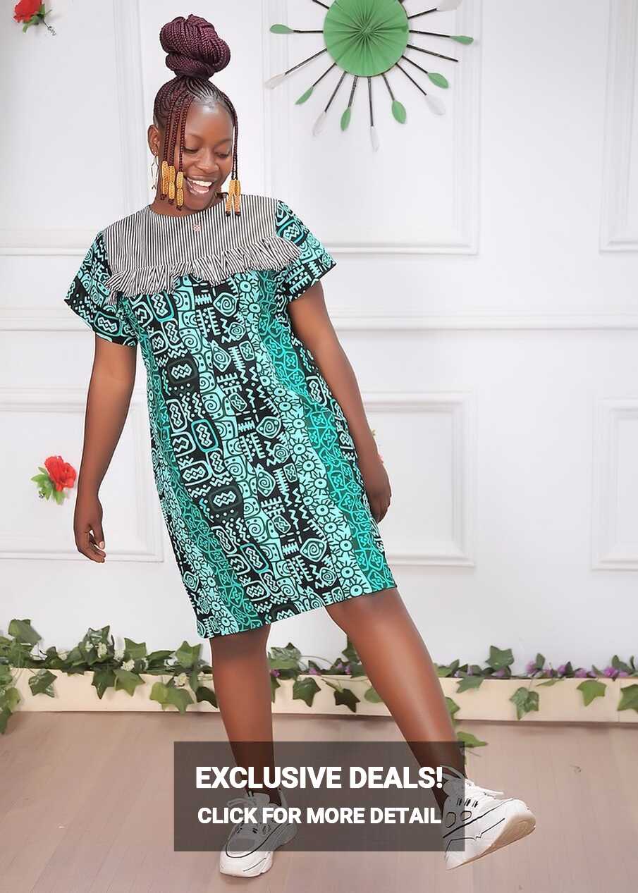 Striped With Ankara Short Green Work Wear Casual Evening Dress ...