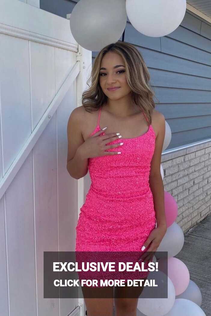 Strps Hot Pink Sequins Tight Homecoming Dress