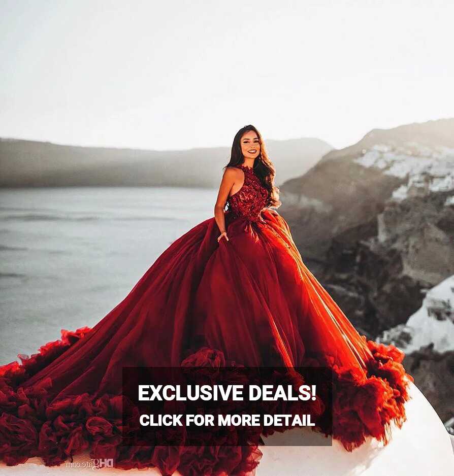 Stunning Dark Red Red Ballgown Wedding Dress With Halter Neck ...