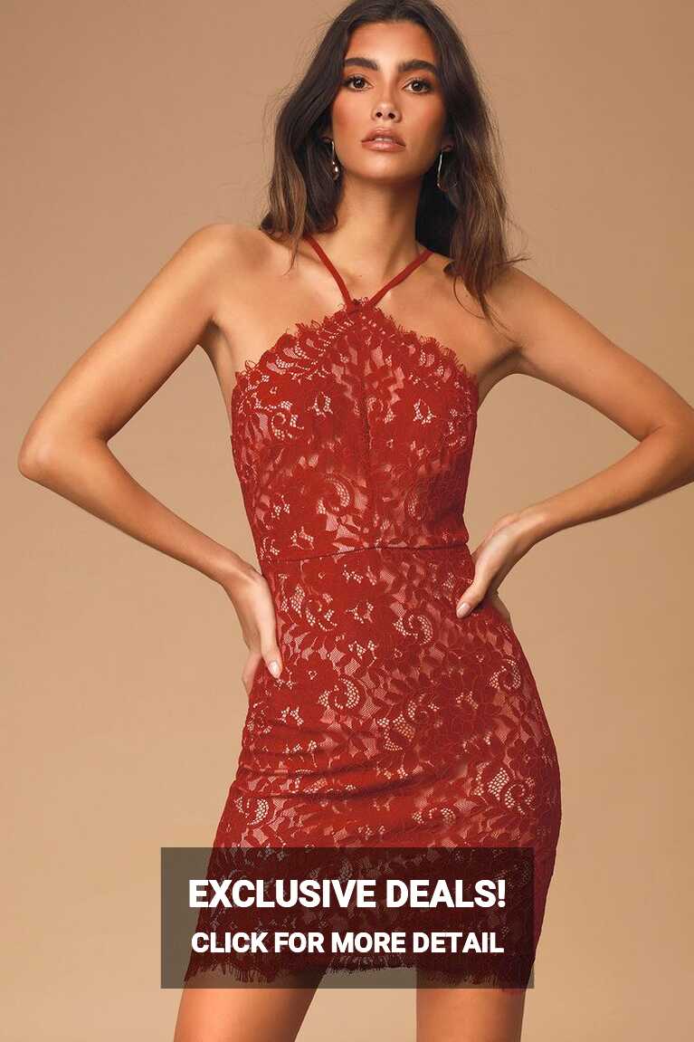 Stunning Moment Wine Red Lace Halter Bodycon Mini Dress