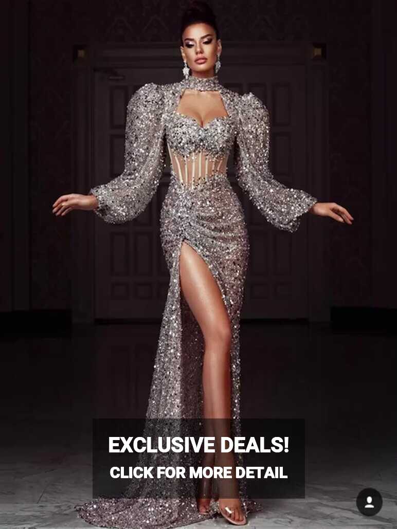 Stunning Silver Sequined Evening Dresses Long Sleeves Mermaid Prom ...