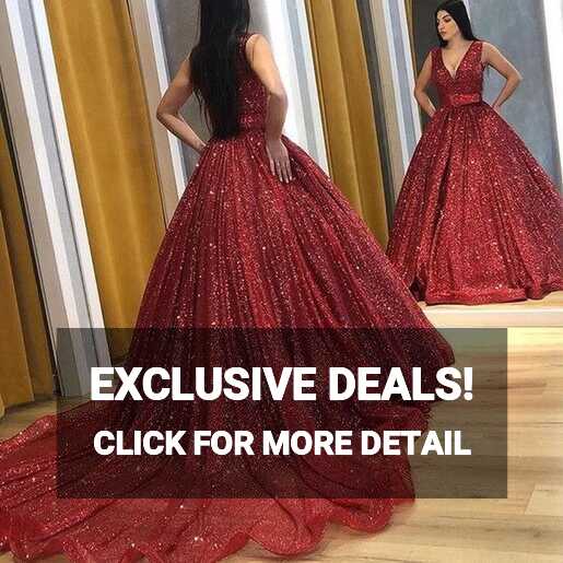 Stunning V Neck Wine Red Ball Gown Prom Dresses 2023 Sequined ...