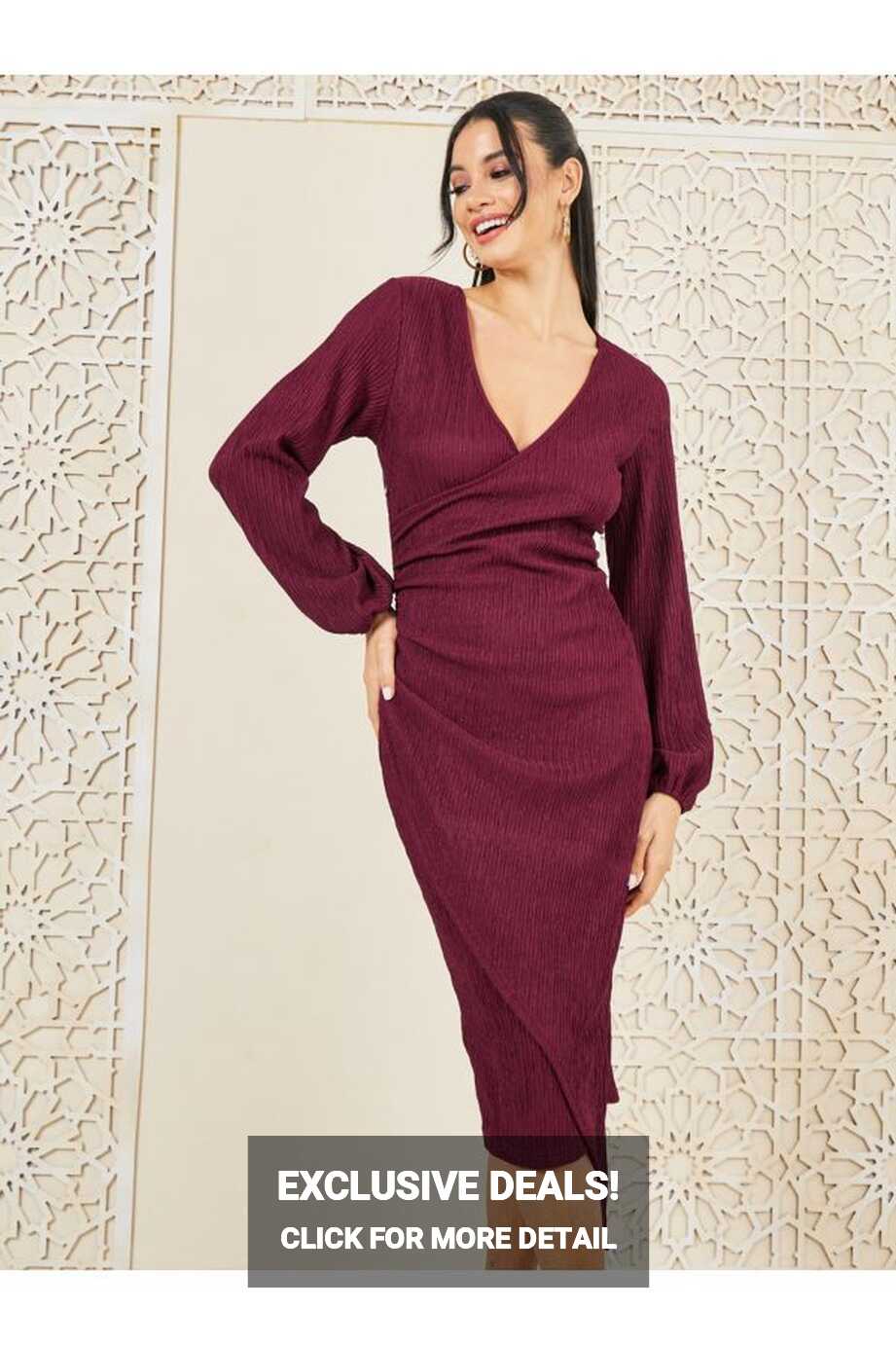 Styli Textured Bishop Sleeve Wrap Midi Dress - Trendyol