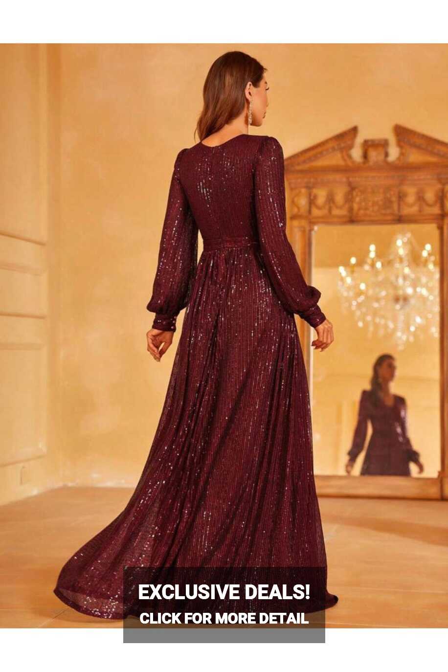 Styling Park Sequin V Neck Long Sleeve Maxi Evening Dress - Trendyol