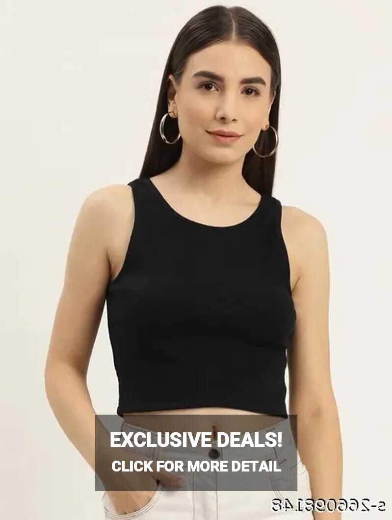 Stylish Casual Sleeveless Solid Round-Neck Black &quot;Crop Top,Tank ...