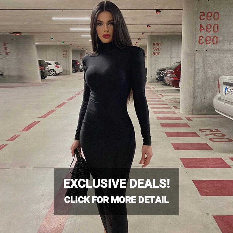 Stylish New Women Solid Long Sleeves Bodycon Club Party Midi Dress ...