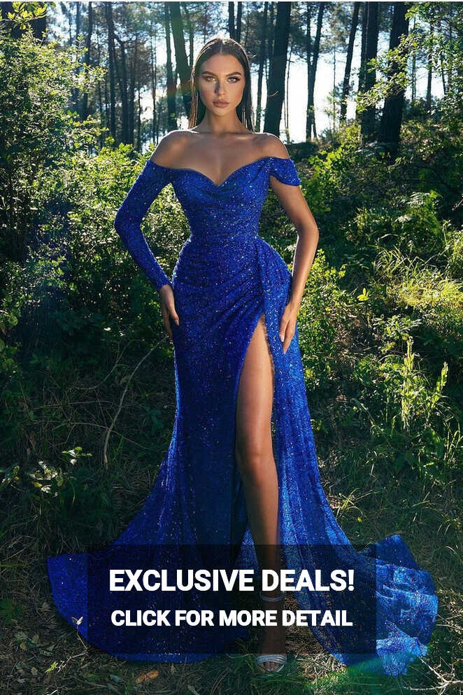 Stylish Royal Blue Sequin Prom Dress with One-Sleeves – loveangeldress