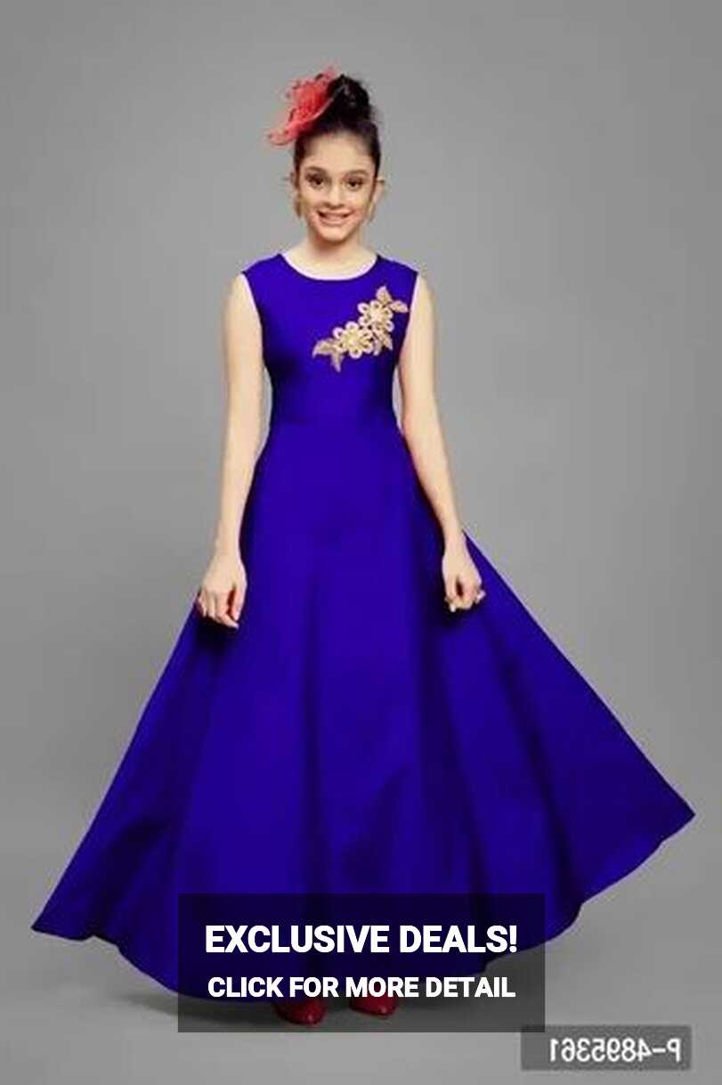 Stylish Satin Blue Embroidered Long Dress For Girls - 13-14 Years ...