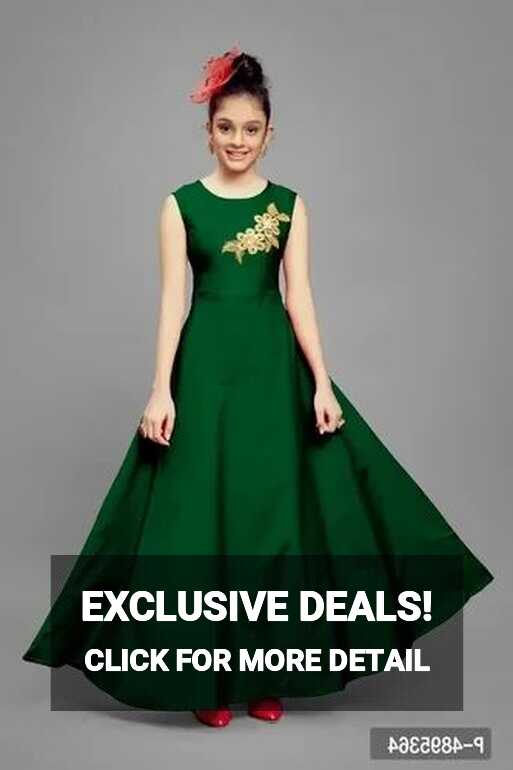 Stylish Satin Green Embroidered Long Dress For Girls - Green, 13 ...