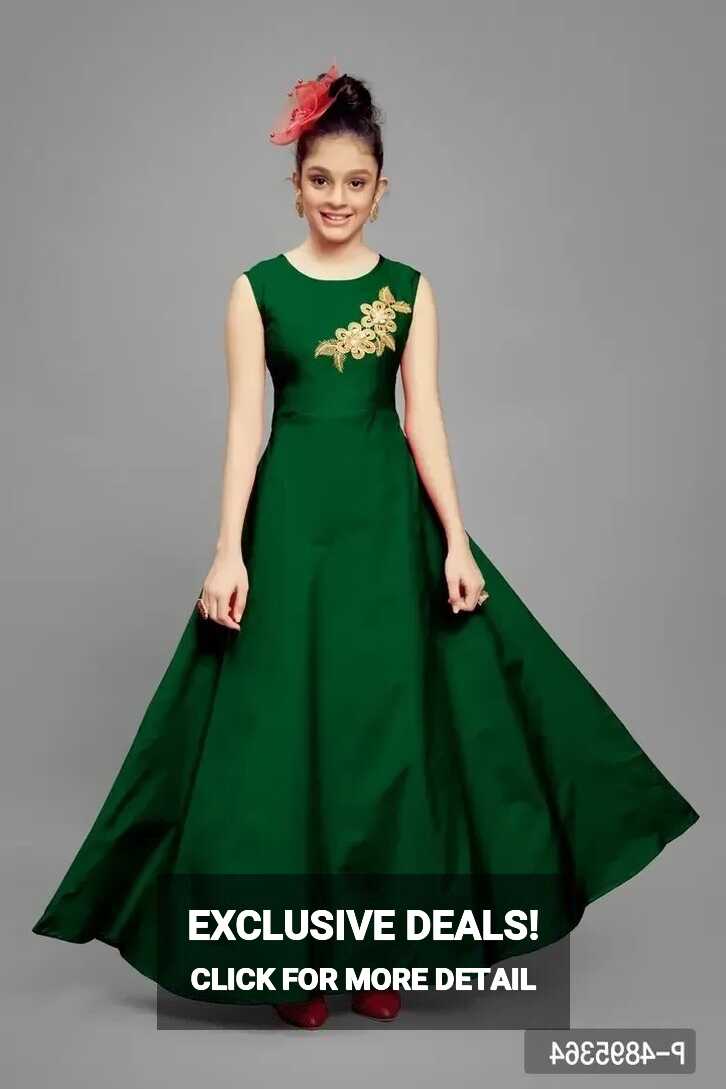 Stylish Satin Green Embroidered Long Dress For Girls - Green, 9-10 ...