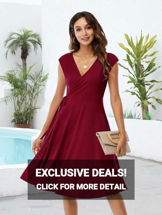 Summer Casual Wrap Swing A-Line Dresses Cap Sleeve Solid Burgundy ...