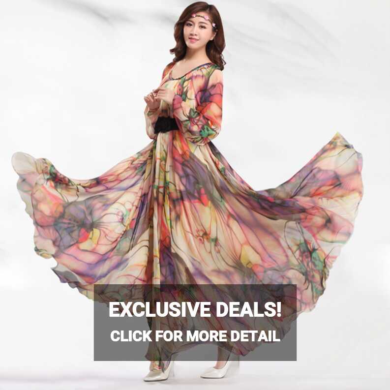 Summer Chiffon Floral Long Sleeve Beach Maxi Dress Lightweight ...