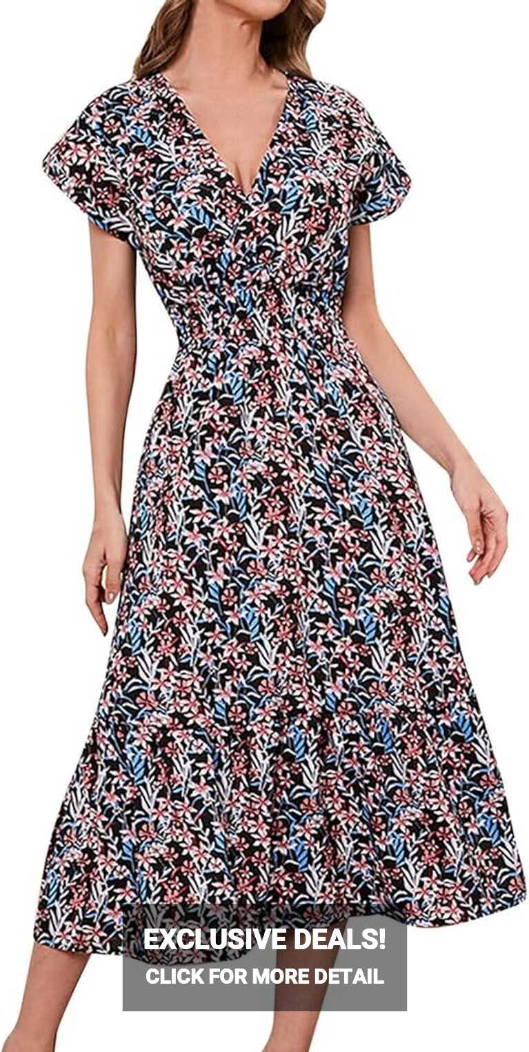 Summer Dress Ladies Boho Floral Print Loose Fit Flowy Hem Maxi ...