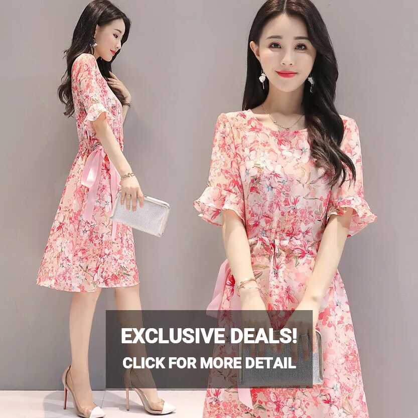 Summer Floral Dress Short-Sleeved Knee Length Trumpet Sleeve Pink ...