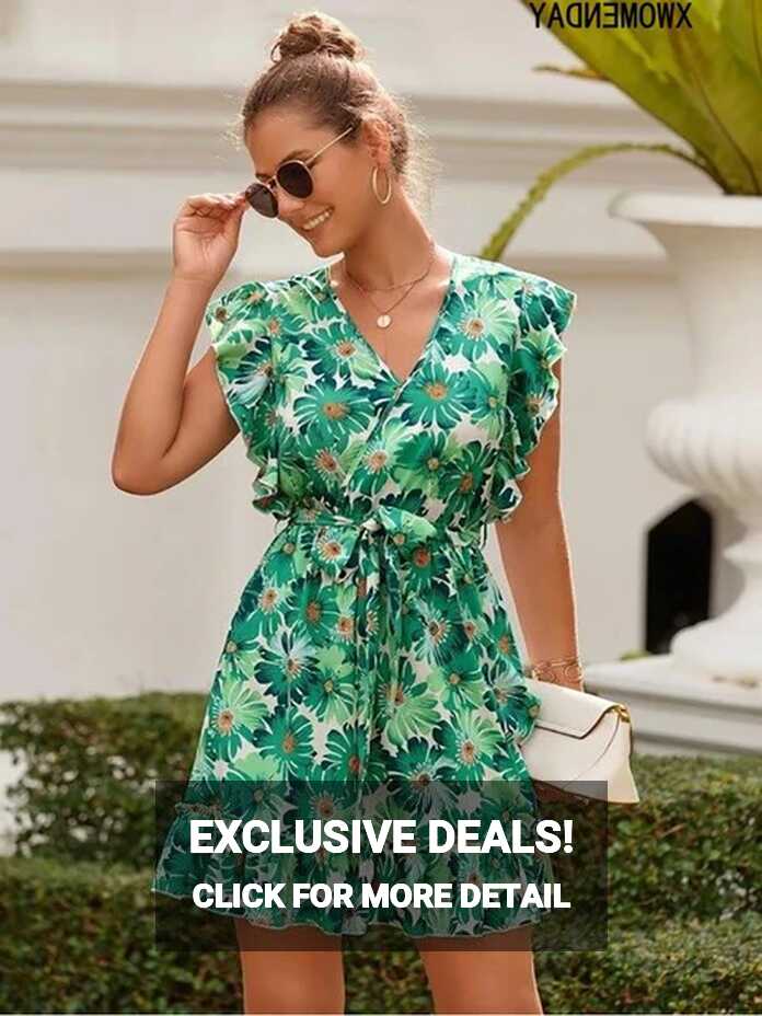 Summer Floral Print Short Dress Woman Casual V Neck Ruffle Bandage ...