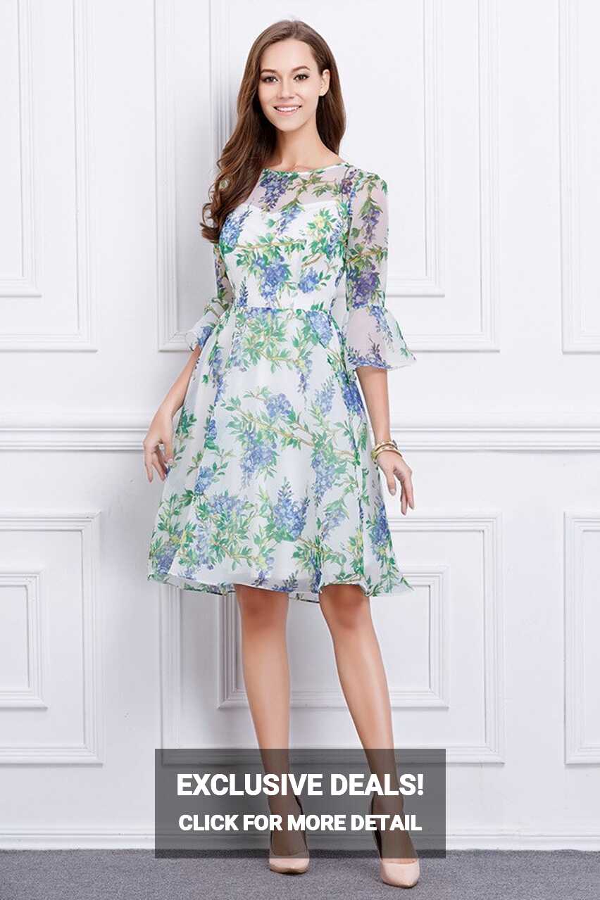 Summer Floral Printe A-Line Chiffon Knee-Length Wedding Guest ...