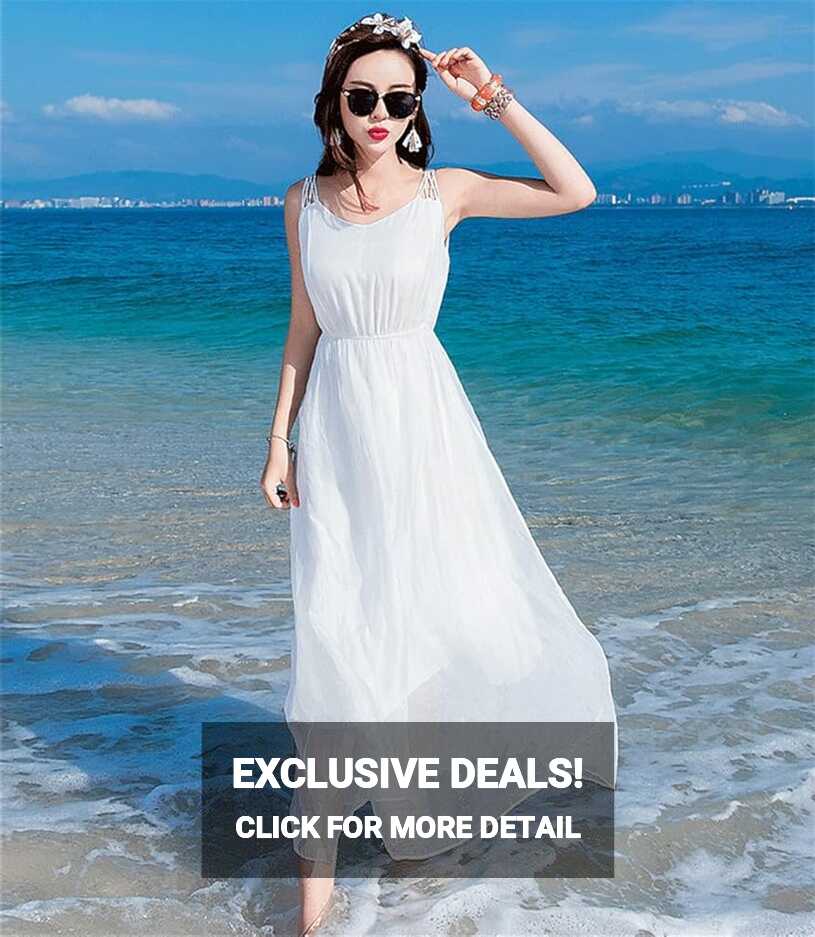 Summer Ladies Bohemian White Silk Korean V-Neck Sleeveless Long ...