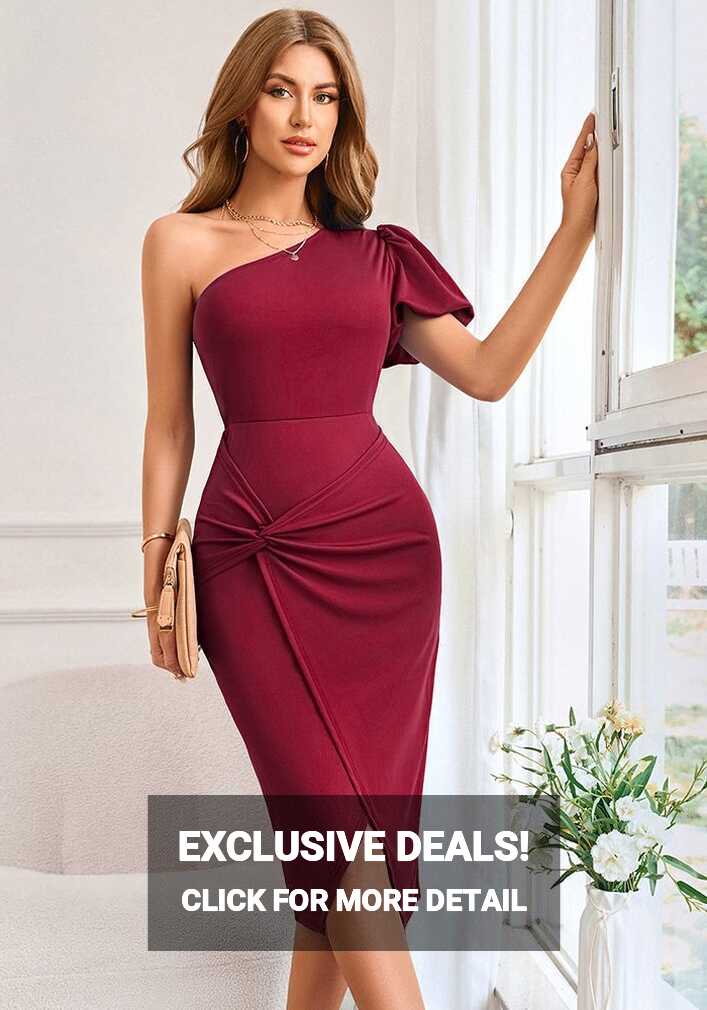 Summer Ladies Casual One Shoulder Solid Color Slim Bodycon Dress