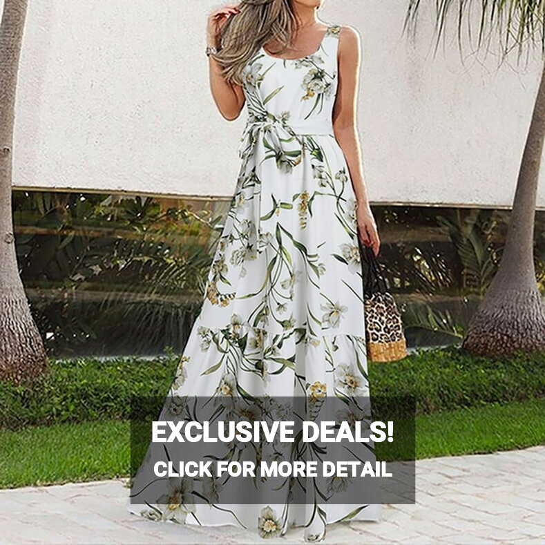 Summer Linen Cotton Maxi Dress for Women, Sleeveless, Floral ...