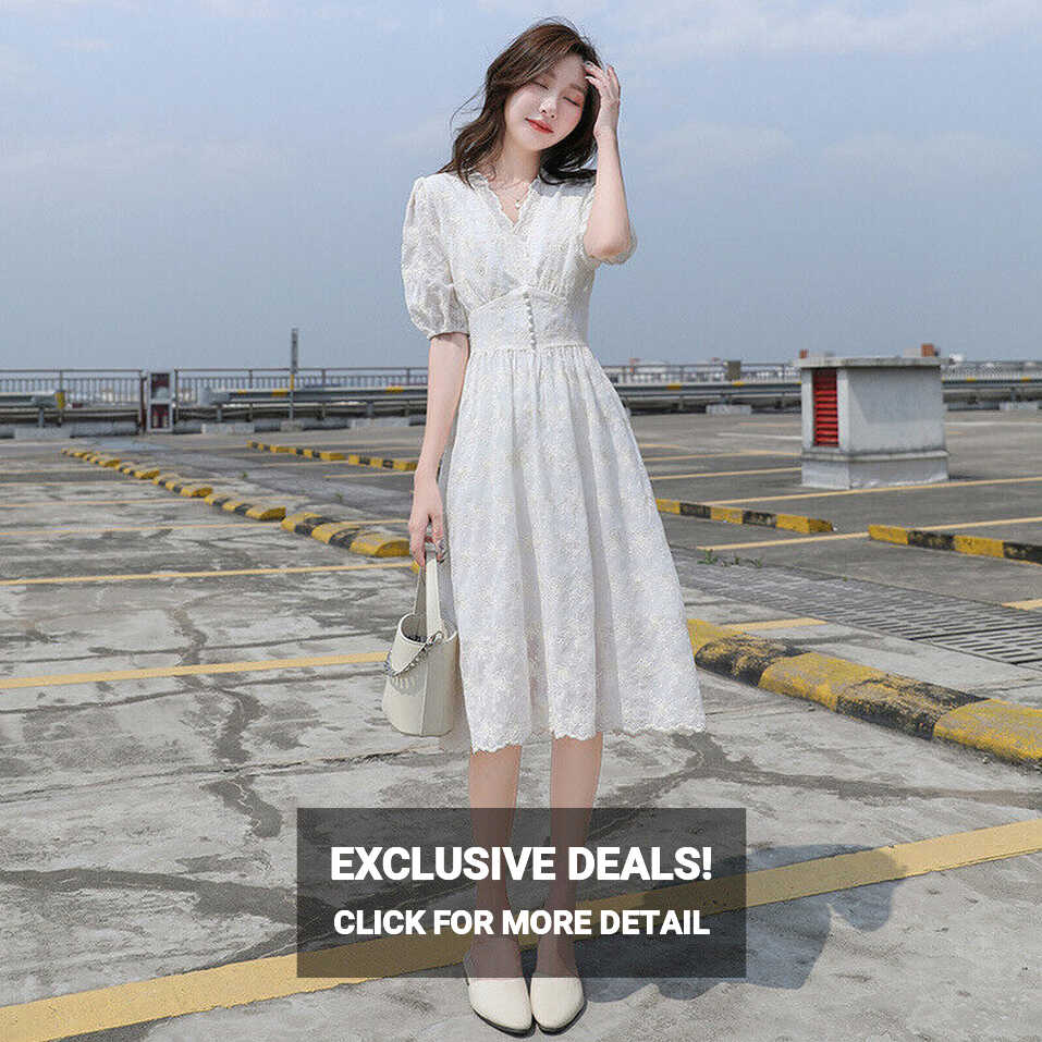 Summer V-Neck Knee Length A Line Dress Female Sweet Lace ...