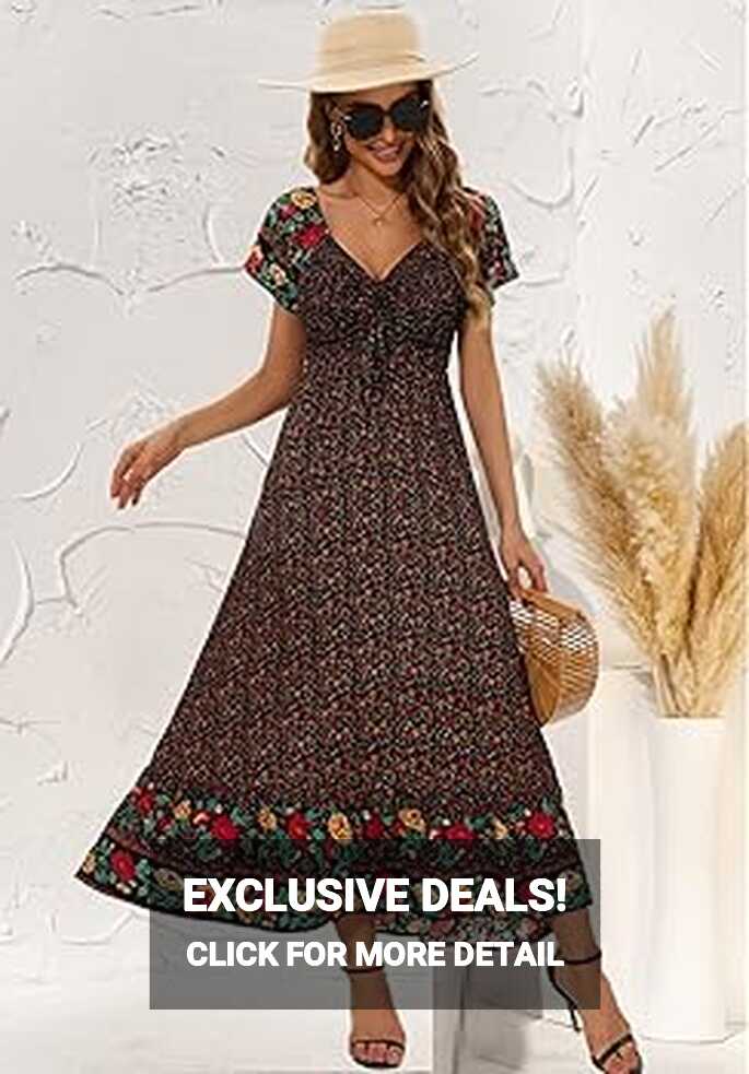 Summer V Neck Tiered Maxi Dress for Women Floral Flowy Smocke Boho ...