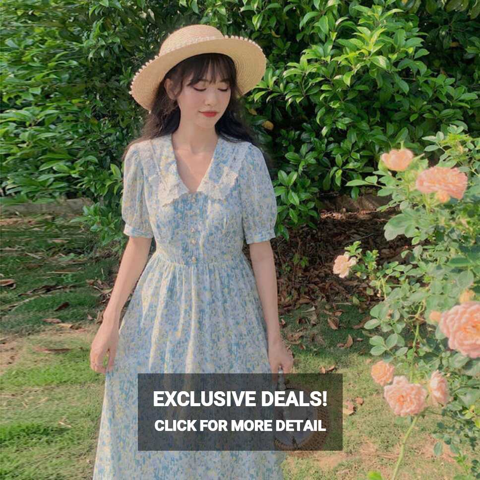 Summer Vintage Floral Dress Women Korean Elegant Sweet Cute Print ...