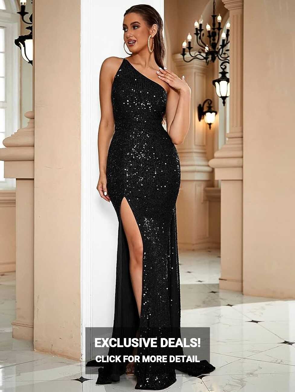 Summer Women&#39;s Casual Dress One Shoulder Slit Thigh Sequin Formal ...