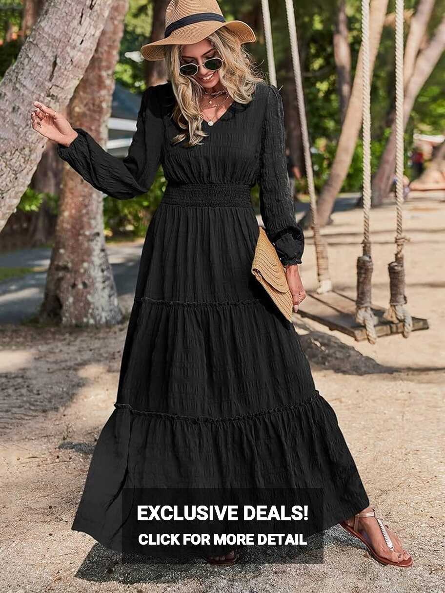 Summer Women&#39;s Casual Dress Ruffle Hem A-line Maxi Black Dress ...