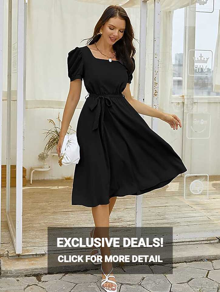 Summer Women&#39;s Casual Dress Solid Belted Puff Sleeve Midi Black ...