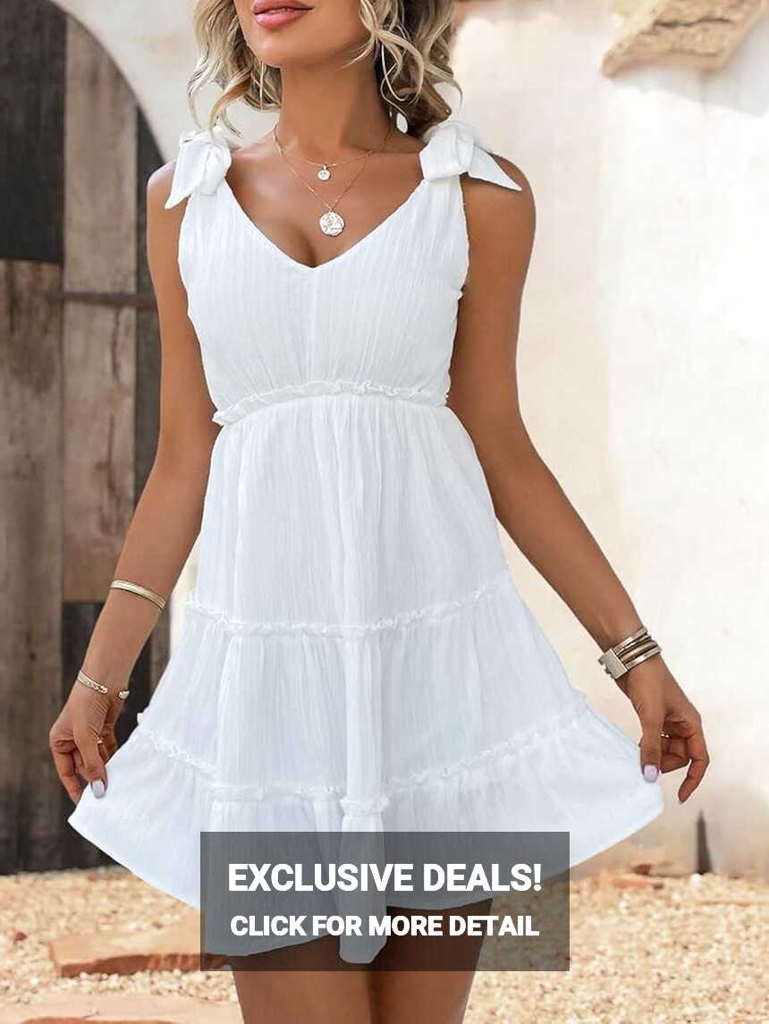 Summer Women&#39;s White Dress Frenchy Tie Shoulder Frill Trim Ruffle ...